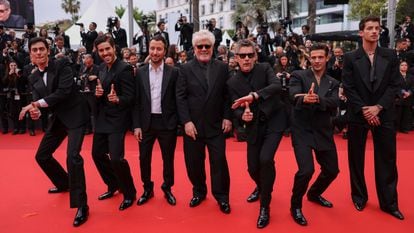 Pedro Almodóvar (center), in Cannes with actors from his short film 'Strange Way of Life.'