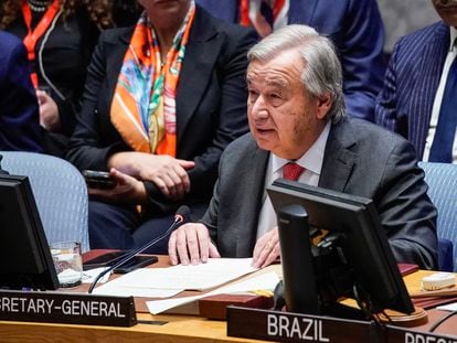 U.N. Secretary General António Guterres during the Security Council meeting to address the Middle East conflict in New York on Tuesday.