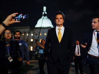 U.S. Representative Matt Gaetz (R-FL) speaks with reporters after filing a motion to vacate — an attempt to oust House Speaker Kevin McCarthy (R-CA) — as he departs the U.S. Capitol in Washington, U.S. October 2, 2023.  REUTERS/Jonathan Ernst
