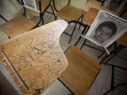 A student’s desk at the Escuela Normal de Ayotzinapa.