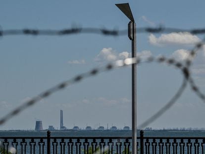 The Zaporizhia nuclear power plant seen from the city of Nikopol.