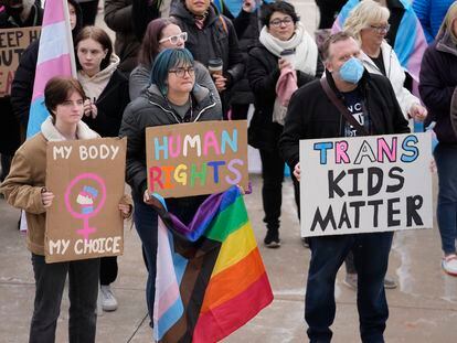 People gather in support of transgender youth during a rally at the Utah State Capitol Tuesday, January 24, 2023, in Salt Lake City.