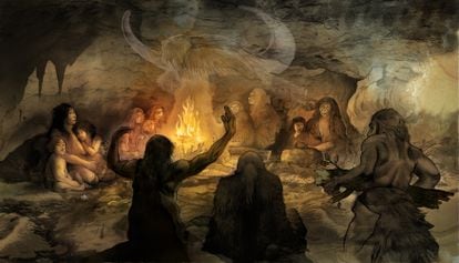 An illustration depicting a hypothetical Neanderthal ritual, provided by the Museum of Human Evolution. 