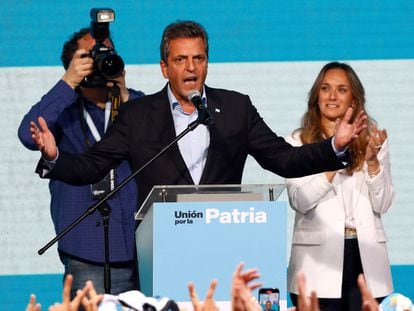 Argentina's presidential candidate Sergio Massa addresses supporters, as he reacts to the results of the presidential election, in Buenos Aires, Argentina, October 22, 2023.