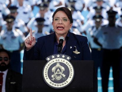 Xiomara Castro gives a speech at an air base in Tegucigalpa, Honduras, in a file photo.