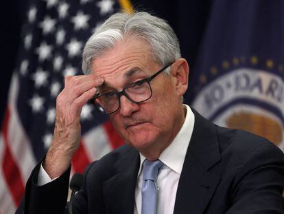 Federal Reserve Board Chair Jerome Powell holds a news conference after the Fed raised interest rates by a quarter of a percentage point, in Washington, D.C., on March 22, 2023.