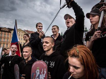 A group of young neo-Nazis pictured in the Czech Republic in June, shortly before they tried to enter a Gypsy ghetto.