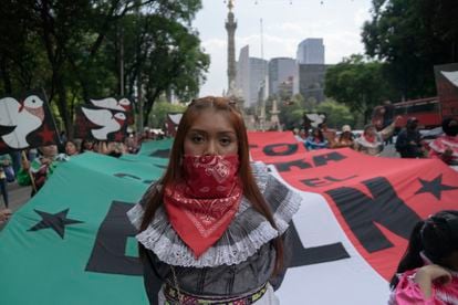 In Mexico City, people march in solidarity with the Zapatista Movement in Chiapas, on June 8, 2023.