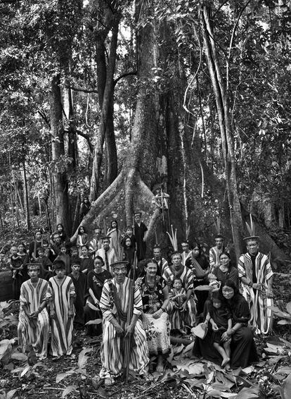 The family of Antonio Piyáko (in the center) and his wife, Francisca. Kampa indigenous land of the Amônia river, 2016.