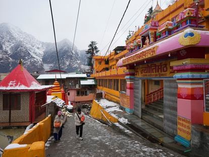 Hindu pilgrims visit famed Adi Shankaracharya monastery, in Joshimath, in India's Himalayan mountain state of Uttarakhand, on January 20, 2023.
