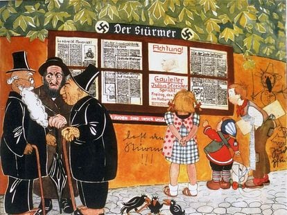 An illustration from the anti-Semetic children's book, ‘Trust No Fox on His Green Heath and No Jew on His Oath,’ showing three children reading pages from the official Nazi newspaper ‘Der Stürmer,’ while three Jewish caricatures stand nearby.