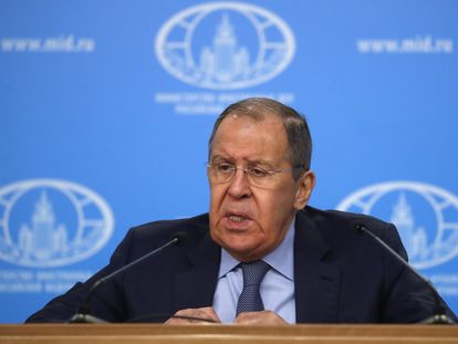 Russian Foreign Minister Sergei Lavrov holds his annual news conference in Moscow, Russia, 18 January 2024.
