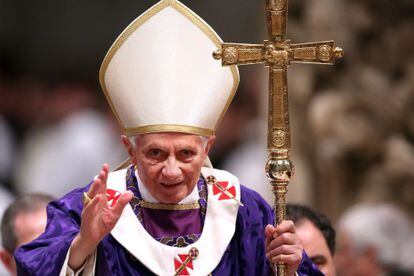 Pope Benedict XVI leads the Ash Wednesday service at the St. Peter's Basilica on February 13, 2013, in Vatican City.