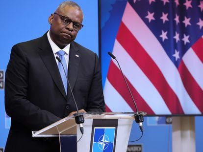 US Secretary of Defense Lloyd Austin speaks to the press after the NATO Defense Ministers Council at the Alliance headquarters in Brussels, Belgium, October 12, 2023.