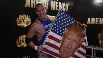Sam Adonis shows off his Trump flag.