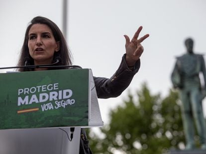 Vox candidate for the Madrid regional election, Rocío Monasterio, at a campaign event.