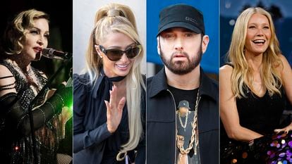Celebrities that have jumped on the NFT craze: (l-r) Madonna, Paris Hilton, Eminem and Gwyneth Paltrow.