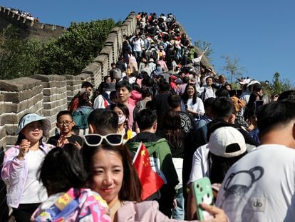Tourists at the Great Wall of China; October 1, 2023.