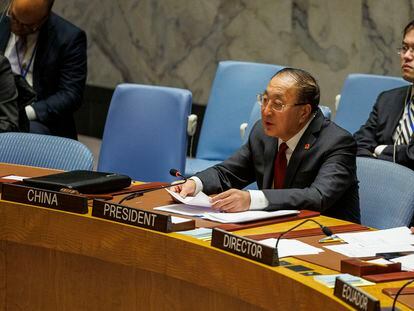 Zhang Jun, ambassador of China, speaks at the U.N. Security Council meeting Wednesday in New York.