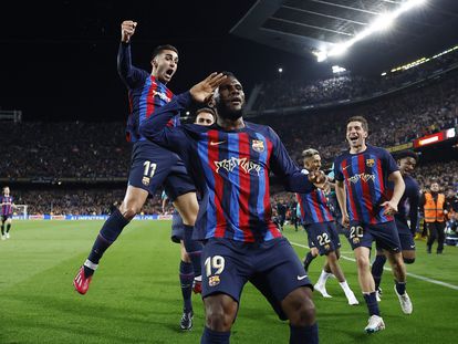 FC Barcelona's Franck Kessie celebrates scoring their second goal.