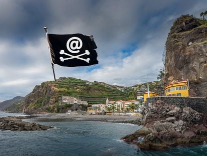 Panoramic view of Ponta do Sol, in Madeira, where a small colony of digital nomads has settled (as digital is, obviously, the technopirate flag on the mountain)