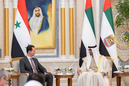 Sheikh Mohamed bin Zayed Al Nahyan, President of the United Arab Emirates speaks with Bashar Al Assad, President of Syria during a reception, at Qasr Al Watan in Abu Dhabi, United Arab Emirates March 19, 2023.