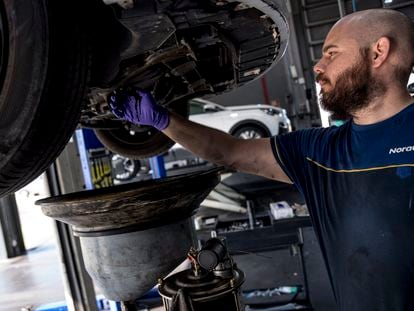 A mechanic in a workshop in Toledo, Spain, on July 27, 2023.