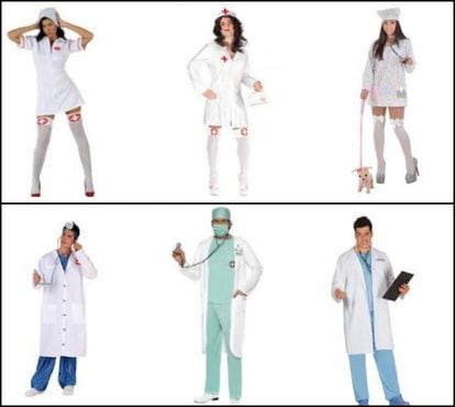 Above, the top result for searches for “Disfraz médico mujer” (Costume, doctor, woman); Below, results for “Costumer, doctor, woman.”