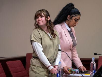 Hannah Gutierrez-Reed, the former armorer at the movie Rust, looks on next to paralegal Carmella Sisneros, during her sentencing hearing at First District Court, in Santa Fe, New Mexico, U.S., April 15, 2024.