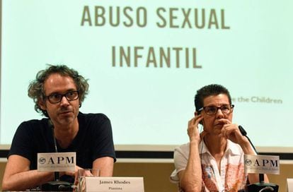 Pianist James Rhodes and activist Vicki Bernadet at a conference about child abuse.