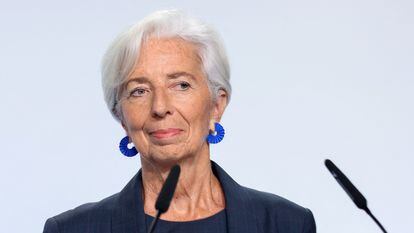 The president of the ECB, Christine Lagarde, during the press conference at the last Governing Council meeting in Athens.