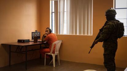 A prisoner attends a virtual hearing at Ecuador’s Cotopaxi prison on February 22, 2024.