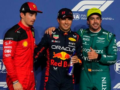From left: Ferrari driver Charles Leclerc of Monaco, Red Bull driver Sergio Perez of Mexico and Aston Martin driver Fernando Alonso of Spain pose for a photo after the qualifying session ahead of the Formula One Grand Prix at the Jeddah corniche circuit in Jeddah, Saudi Arabia, Saturday, March 18, 2023.