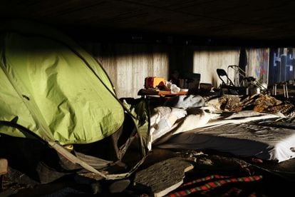 A site under a bridge crossing the M-30 ring road that homeless people use as a shelter