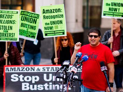 Amazon JFK8 distribution center union organizer Jason Anthony speaks to media, April 1, 2022, in the Brooklyn borough of New York.
