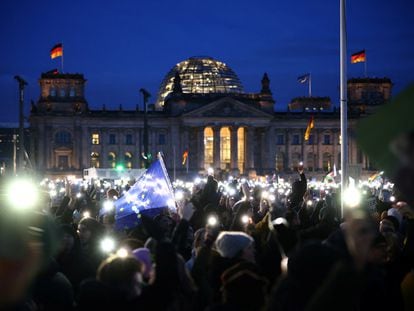 A protest against the far-right in front of the Bundestag, in Berlin, on Sunday, January 21, 2024.