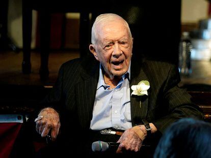 Jimmy Carter speaks during a reception to celebrate his 75th wedding anniversary in Plains, Georgia, July 10, 2021.
