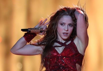 Shakira performing at the 2020 Super Bowl.