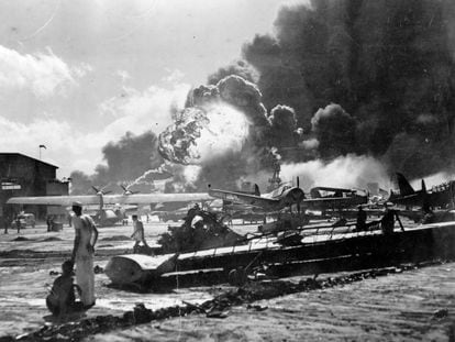 The aftermath of the Japanese attack on the U.S. base at Pearl Harbor in 1941.