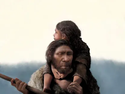 Recreation of the Neanderthal father and daughter found in Chagyrskaya Cave in Russia.