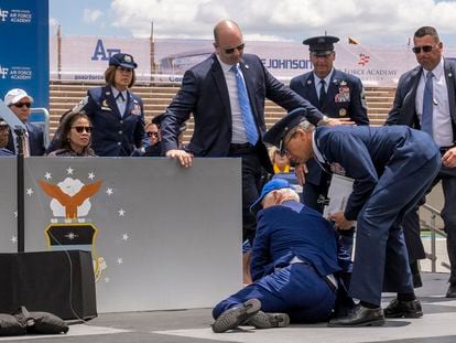 President Joe Biden falls on stage during the 2023 United States Air Force Academy Graduation Ceremony at Falcon Stadium, Thursday, June 1, 2023, at the United States Air Force Academy in Colorado Springs.