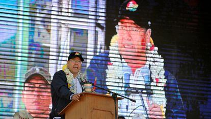 Bolivian President Luis Arce delivers a speech during the International Workers' Day celebrations in La Paz on May 1.