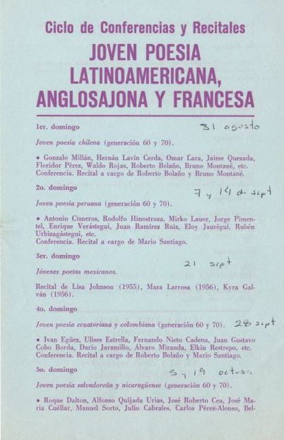 Poetry cycle with the infrarealists Mara Larrosa, Roberto Bolaño, Mario Santiago, Lisa Johnson or Darío Galicia in 1975.
