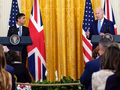 President Joe Biden speaks during a news conference with British Prime Minister Rishi Sunak in the East Room of the White House in Washington, on June 8, 2023.
