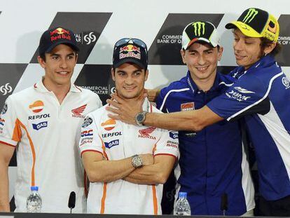 From left to right: MotoGP riders Marc M&aacute;rquez, Dani Pedrosa, Jorge Lorenzo and Valentino Rossi.