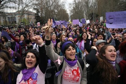 A march in Madrid on International Women's Day in 2020.