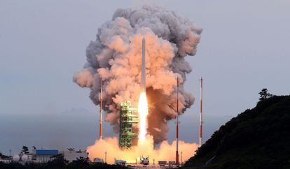 This photo taken on May 25, 2023, and provided by Korea Aerospace Research Institute (KARI) shows South Korea's homegrown space rocket Nuri launching from the Naro Space Center.