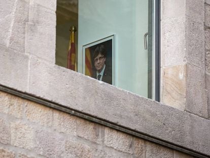 A portrait of Carles Puigdemont at the Palace of the Generalitat, the seat of the regional presidency. 