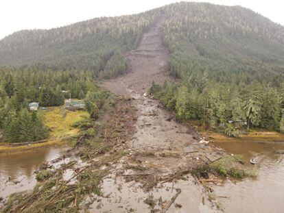 View of a landslide that buried homes and a stretch of a coastal highway in Wrangell, Alaska.