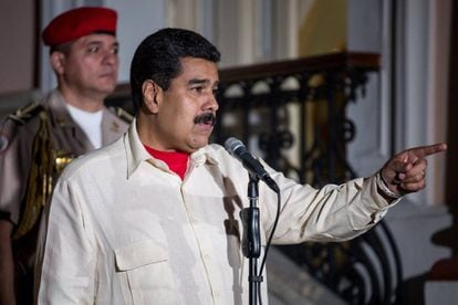 Nicolás Maduro at a press conference after the first meeting between the government and the opposition.